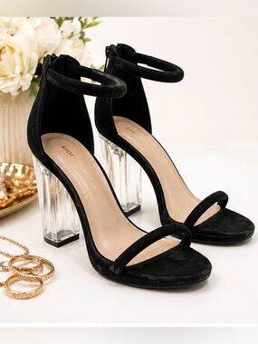 Black Ankle-Strap Clear Block Heel Sandals